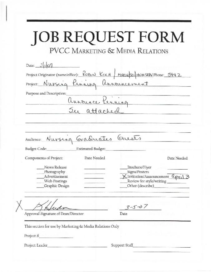 Nursing Program Pinning Announcement Job Request Form Thumbnail